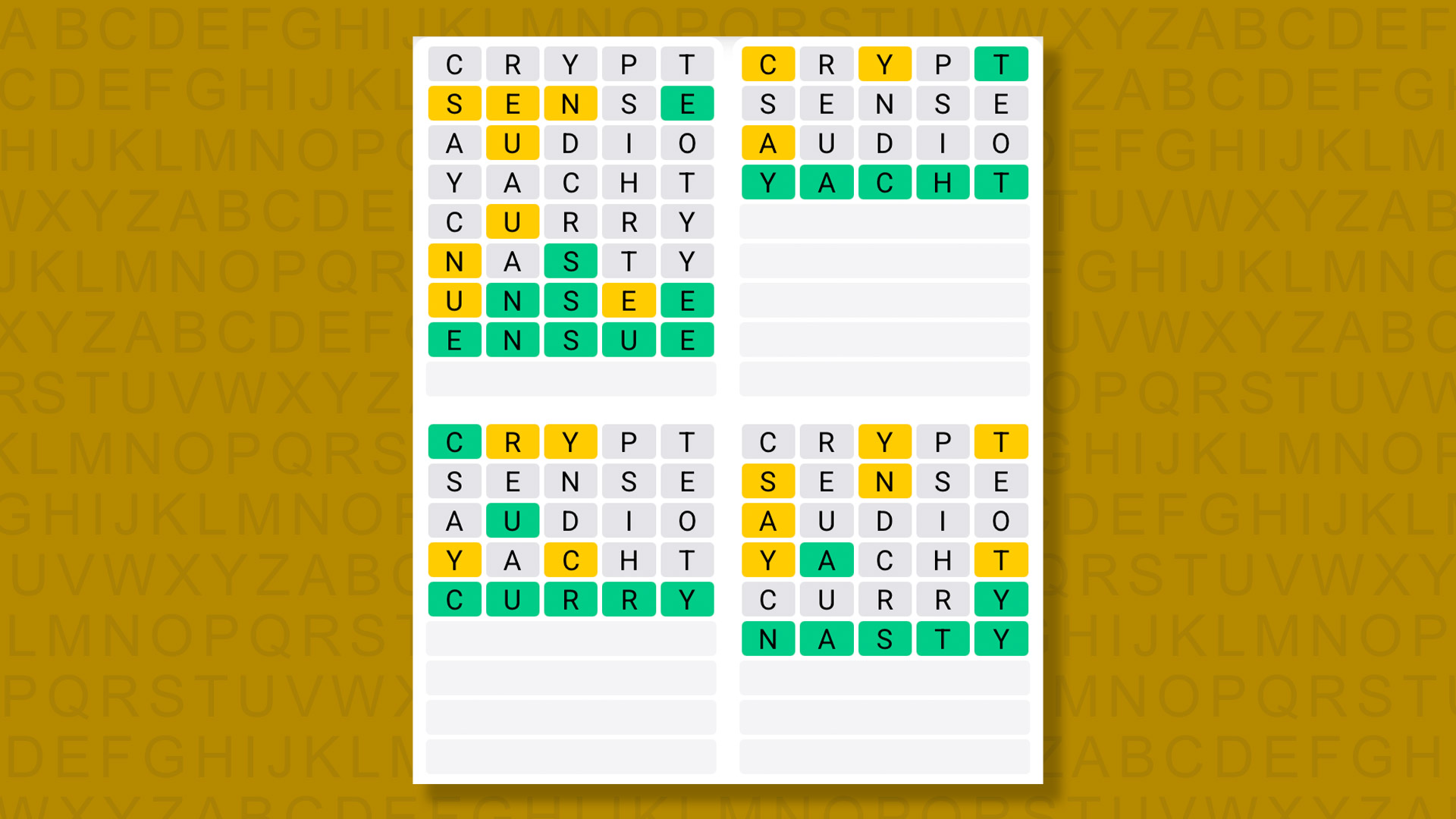 Quordle answers for game 1592 on a yellow background