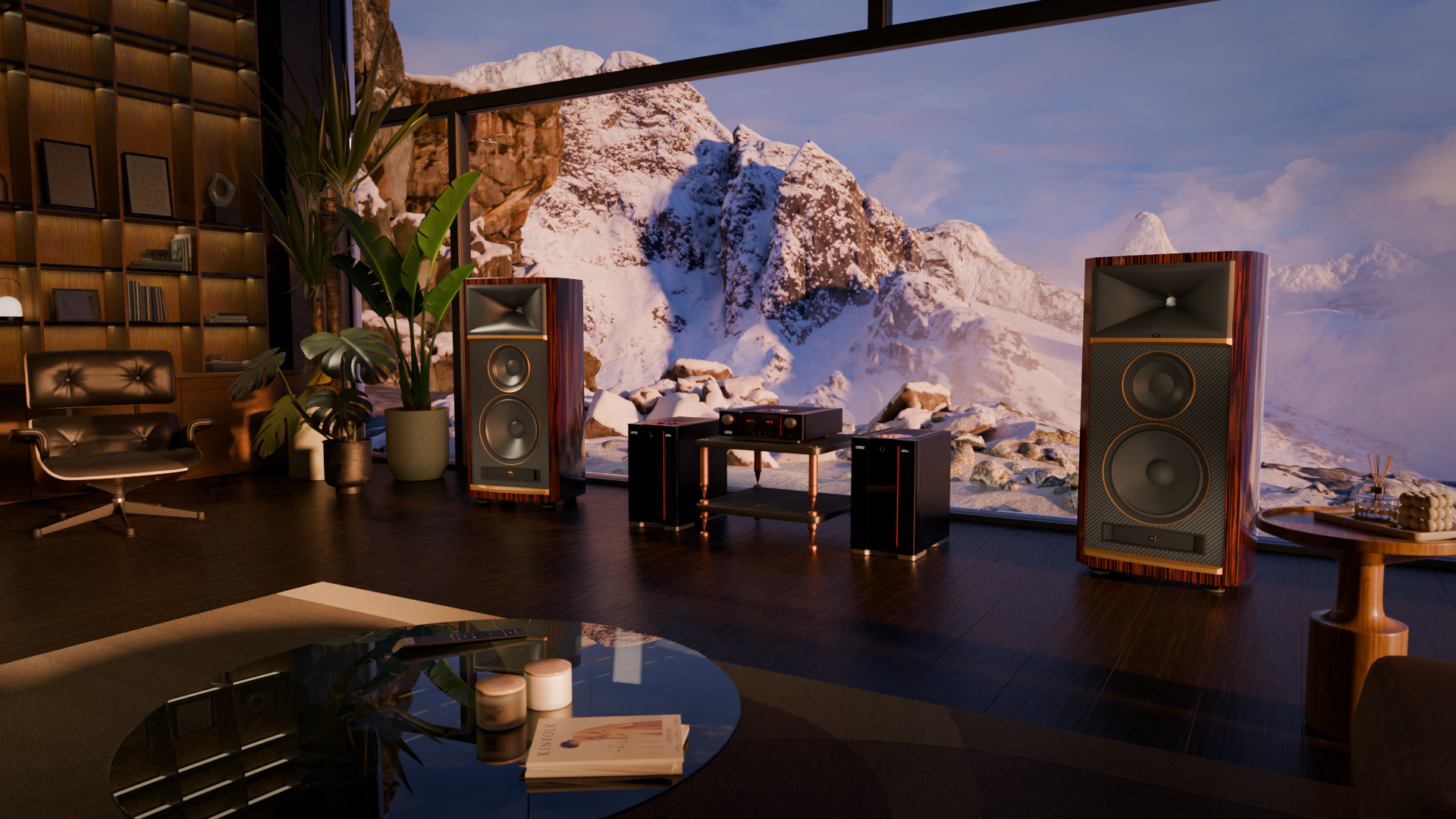 JBL Summit K2 loudspeakers in a listening room flanking a hi-fi setup