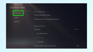 Screen and Video menu on PS5 Pro with Video Output submenu highlighted by green box