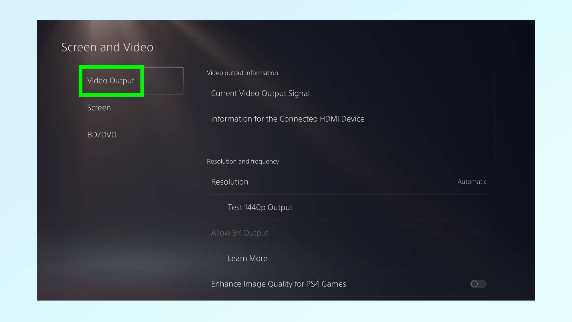 Screen and Video menu on PS5 Pro with Video Output submenu highlighted by a green frame
