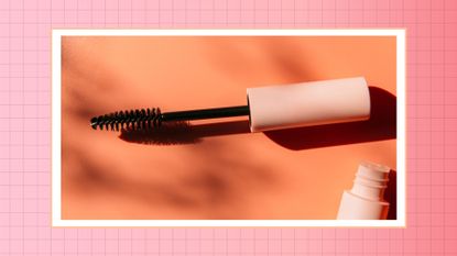 TikTok's mascara meaning: a close up of a pink mascara tube and wand against an orange background/ in a pink gradient template