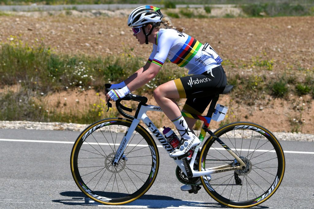 SARGENTES DE LA LORA SPAIN MAY 20 Anna Van Der Breggen of Netherlands and Team SD Worx during the 6th Vuelta a Burgos Feminas 2021 Stage 1 a 100km stage from Villadiego to Sargentes de la Lora 1013m VueltaBurgos BurgosFem UCIWWT on May 20 2021 in Sargentes de la Lora Spain Photo by Luc ClaessenGetty Images