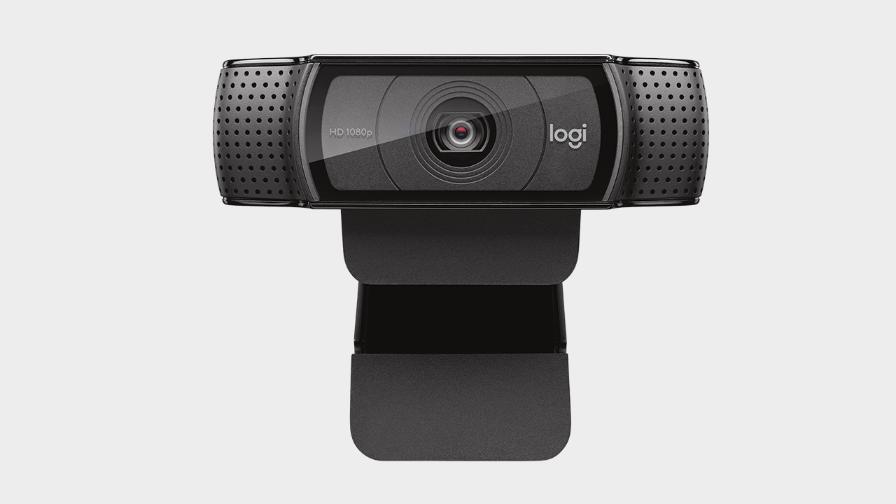 Logitech C922 HD Pro webcam pictured from the front with clip.