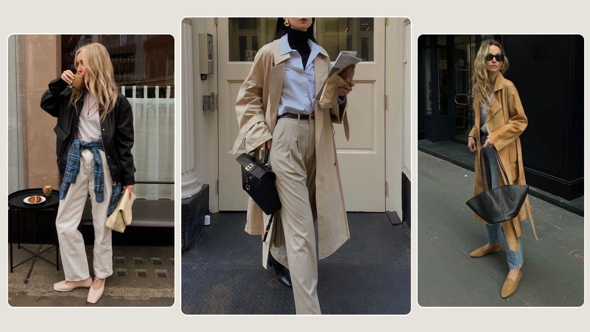 Woman wears black jacket and cream jeans; woman wears black knit dress and loafers; woman wears trench coat and blue jeans