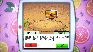 Bugaboo Pocket - a virtual pet screen showing an epitaph for Bront the rubber ducky isopod