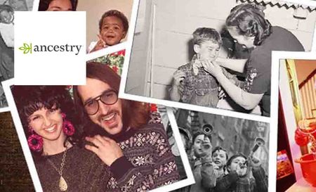 Ancestry Logo placed over a collection of old photographs of people from many generations ago