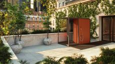A city terrace with an outdoor shower installed