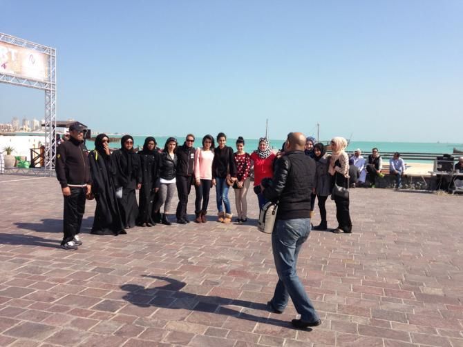 Members of the Qatari women's team in attendance at stage 3 of the Ladies Tour of Qatar