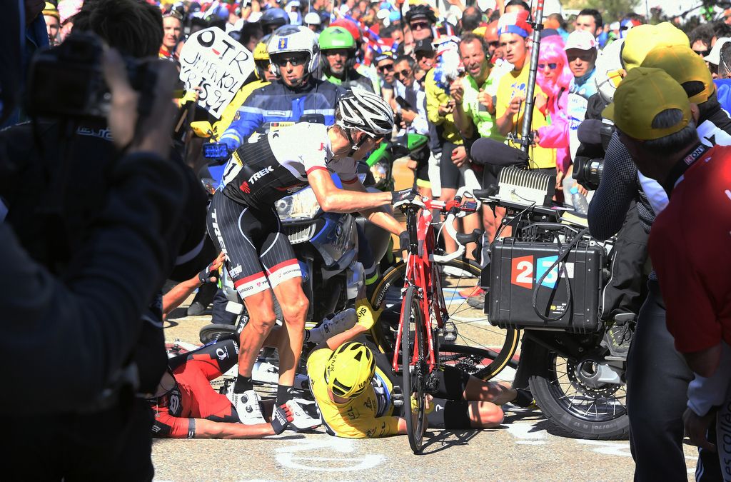 Bauke Mollema was the quickest to react after he, Richie Porte and Chris Froome were involved in the moto accident