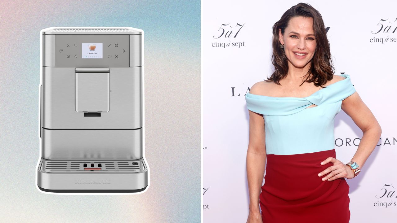 KitchenAid espresso maker on left, Jennifer Garner on right