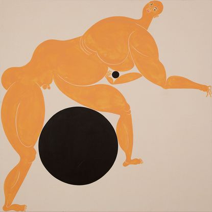 Orange and black colored painting of human.