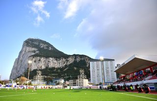Both teams warm up prior to the UEFA Euro 2020 Qualifying, Group D match at the Victoria Stadium, Gibraltar