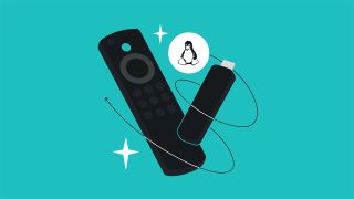 Surfshark graphic showing Amazon Fire TV Stick and the Linux logo on a blue background 