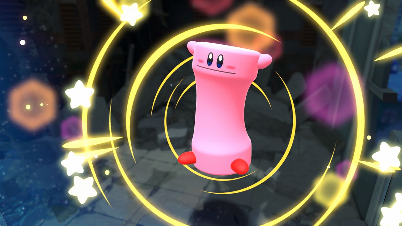 Kirby and the Forgotten Land Star-Crossed World screenshot of Kirby using the Spring Mouth Mouthful Mode, which sees him assume the form of a giant spring