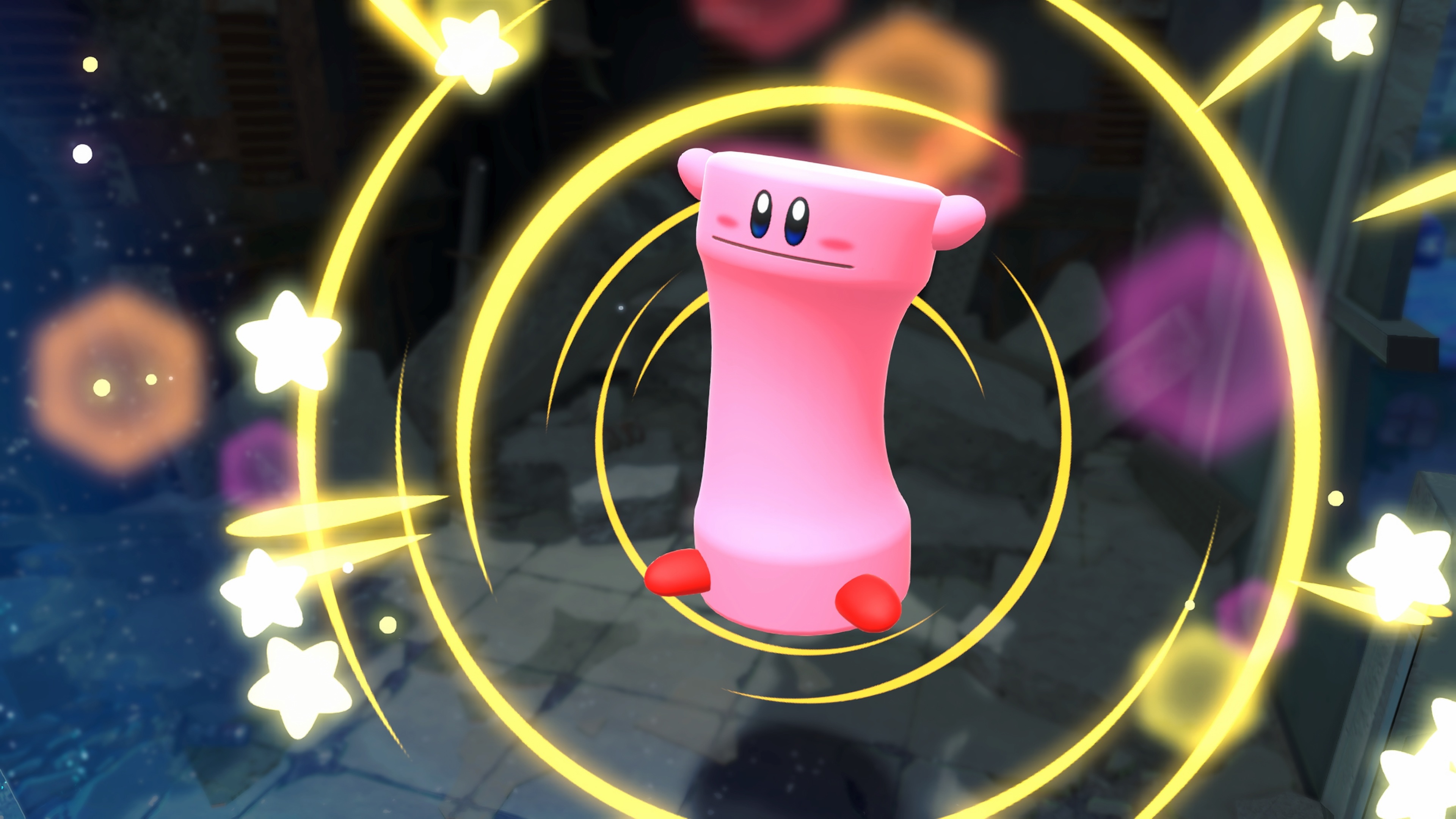 Kirby and the Forgotten Land Star-Crossed World screenshot of Kirby using the Spring Mouth Mouthful Mode, which sees him assume the form of a giant spring