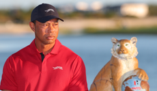 Tiger Woods stares into the distance in front of the Hero World Challenge trophy