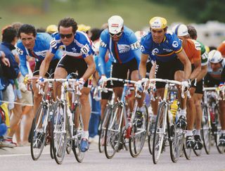 Guido Bontempi (L) ,Bernard Hinault of France ( 2nd left) and Gianbattista Baronchelli of Italy during the Road Cycling World Championships on Sept. 6 1986 in Colorado Springs, Colorado, United States.