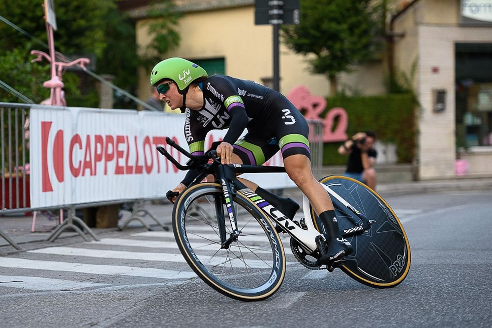 Canadian Leah Kirchmann (Liv Plantur) on her way to victory in the prologue the 2016 Giro Rosa. The win came on Canada Day and one day after her 26th birthday.