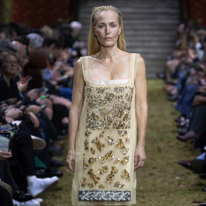 Gillian Anderson walks Miu Miu aw26 PFW