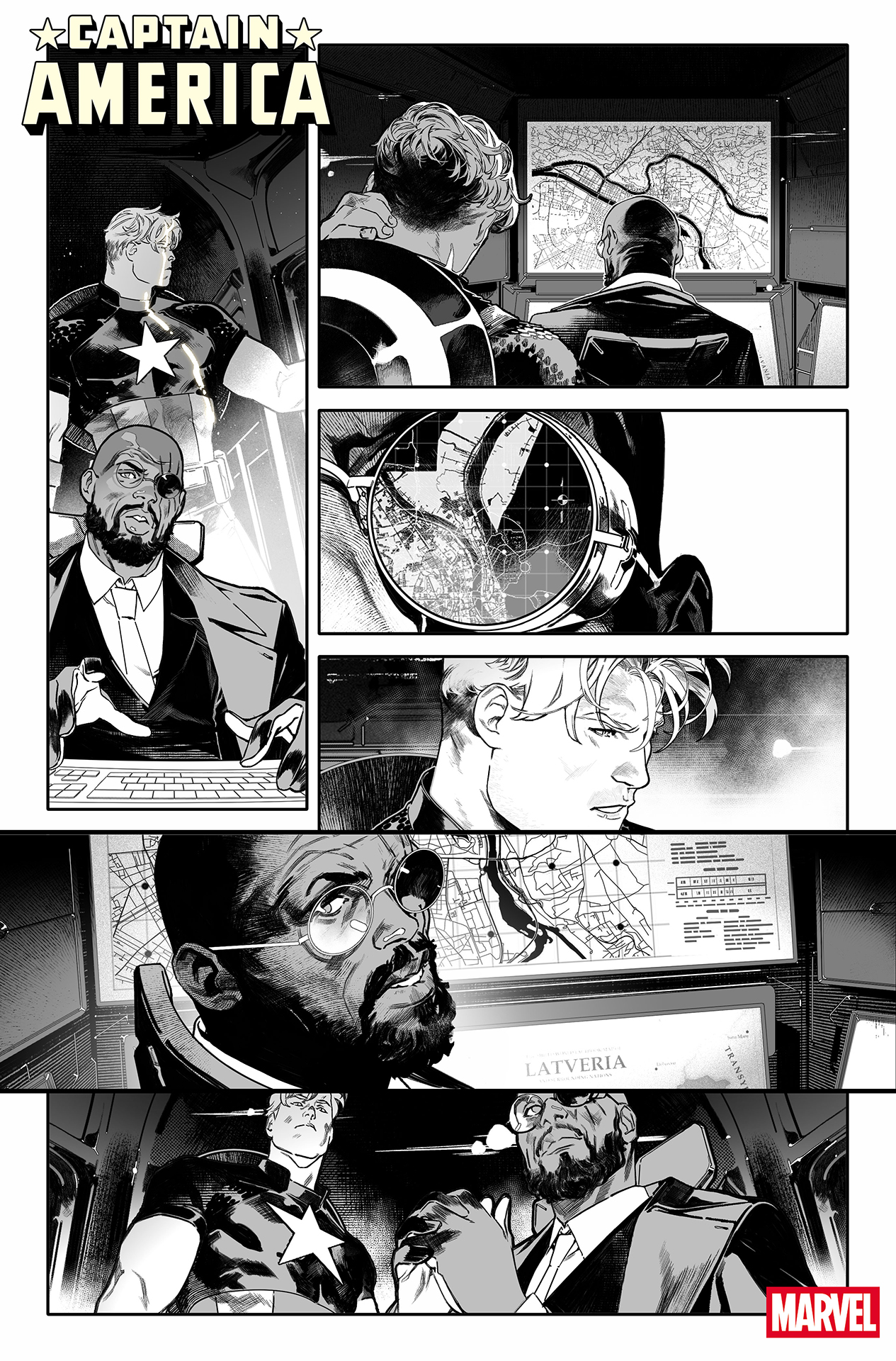 Steve Rogers and Nick Fury Jr. looking at maps of Latveria