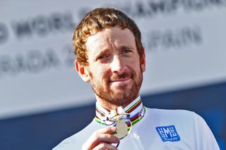 Sir Bradley Wiggins on the podium after winning the Elite Mens TT at the 2014 World Championships