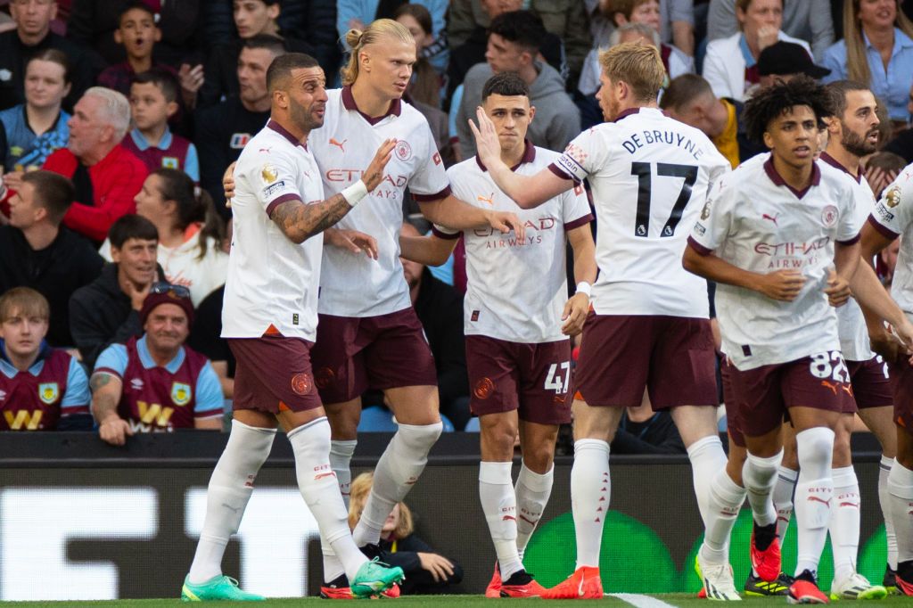 Manchester City vs Newcastle live stream Erling Haaland #9 of Manchester City celebrates his goal with team-mates during the Premier League match between Burnley and Manchester City at Turf Moor, Burnley on Friday 11th August 2023. (Photo by Mike Morese/MI News/NurPhoto via Getty Images)