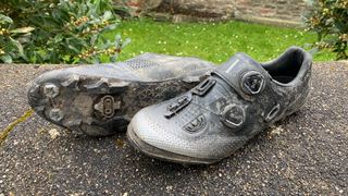 A pair of used XC MTB shoes