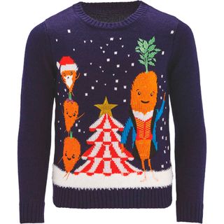 kevin the carrot and family on dark blue christmas jumper
