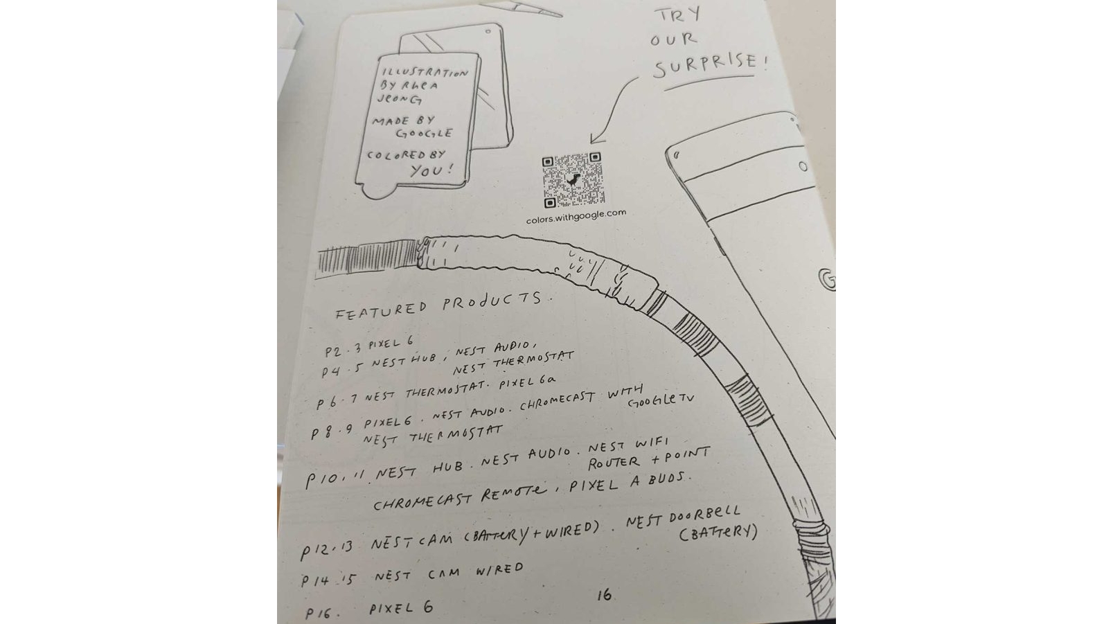 A page in a coloring book from Google, mentioning the Pixel 6a