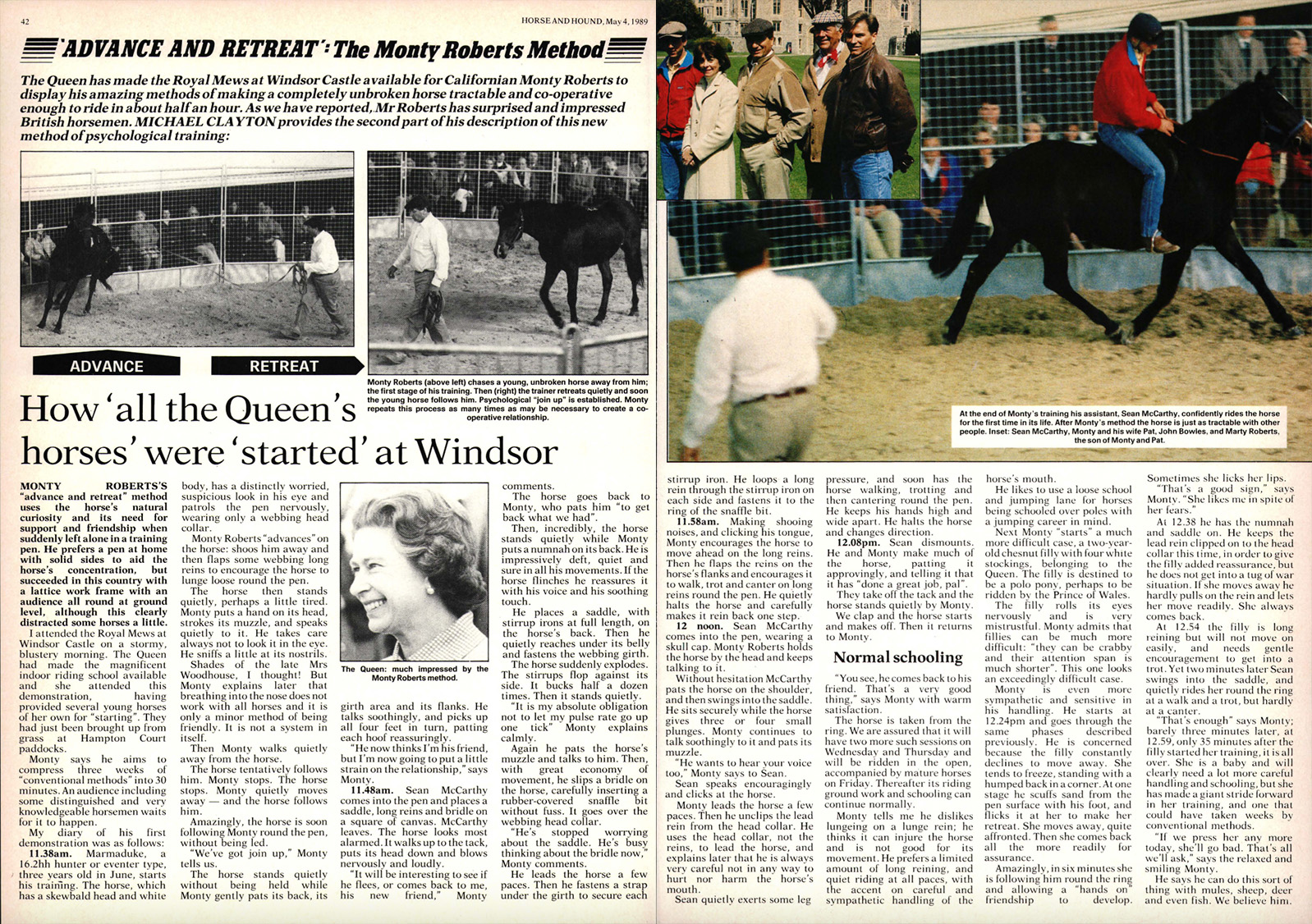 Double page spread of Monty Roberts Horse &amp;amp; Hound feature published in 1989