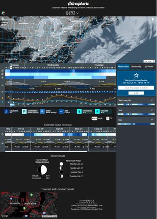 Astrospheric is a weather-forecasting app created for skywatchers. The main portion of the display shows the sky conditions (cloud cover, transparency and air steadiness) for the next 48 hours using color-coded boxes for each hour. Above that is a regional map showing the predicted cloud cover for the selected hour. The app also provides a less-detailed weather summary for the upcoming week. You can save several locations and summon their forecasts with a click.