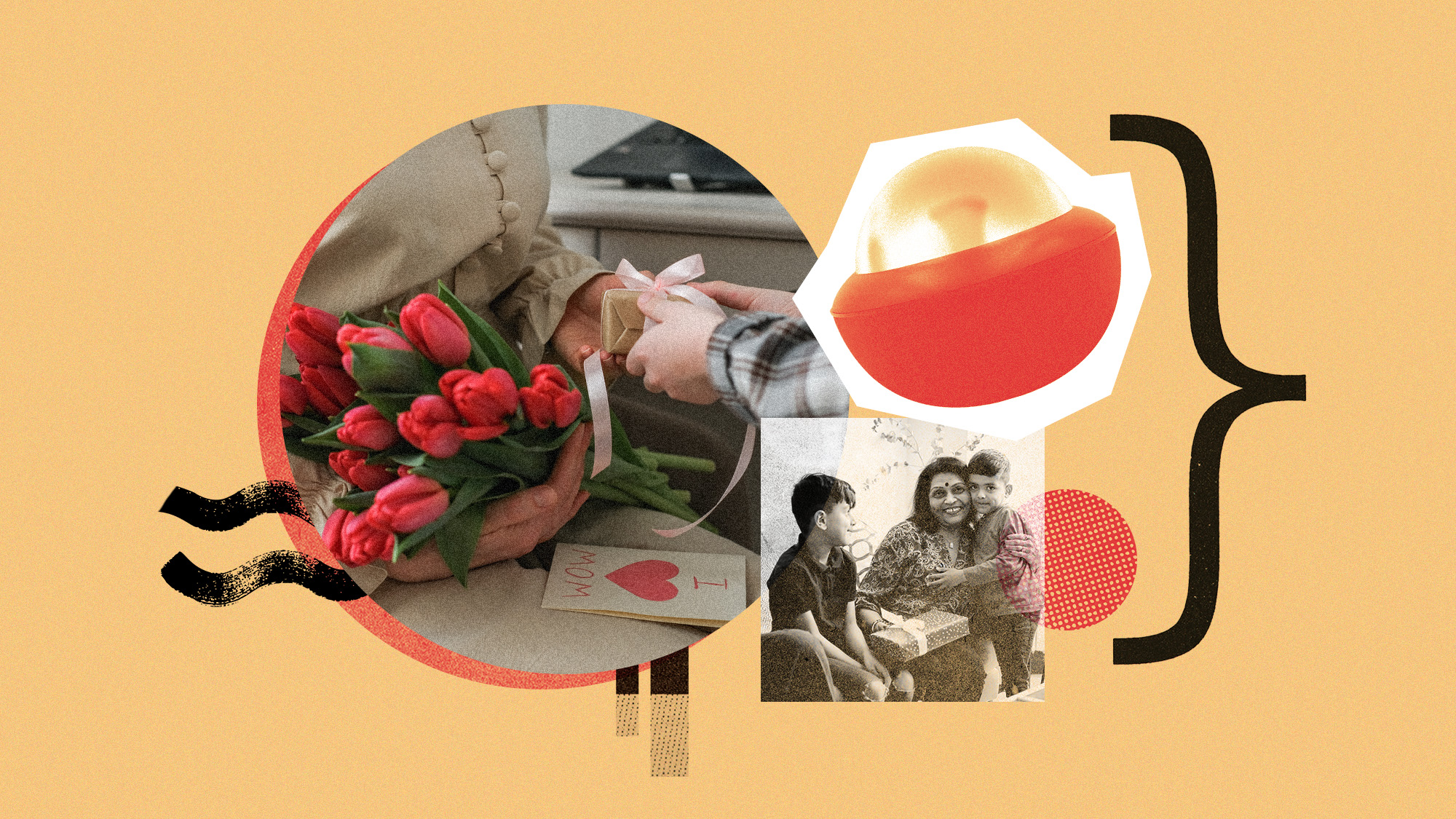 Photo collage of a Lekfit cryoball product shot, a woman embracing her sons and holding a present, and a child handing their mother a gift and a boquet
