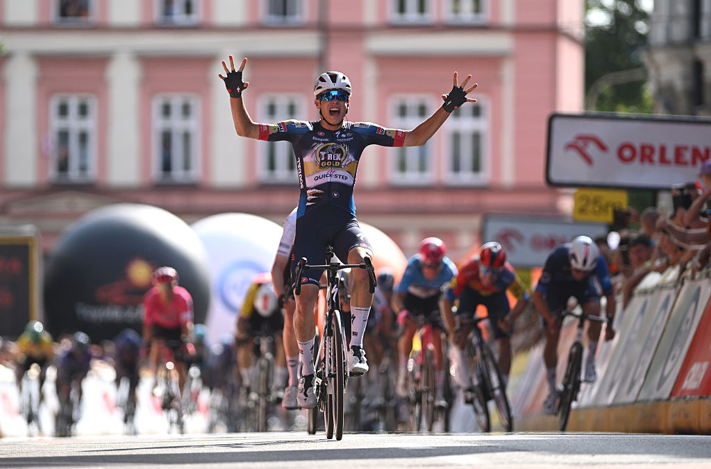 CIESZYN, POLAND - AUGUST 07: Paul Magnier of France and Team Soudal Quick-Step celebrates at finish line as stage winner during the 82nd Tour de Pologne 2025, Stage 4 a 198.8km stage from Rybnik to Cieszyn / #UCIWT / on August 07, 2025 in Cieszyn, Poland. (Photo by Luc Claessen/Getty Images)