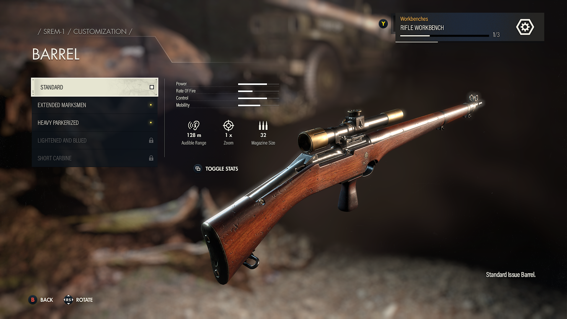 Captura de tela de personalização de arma do Sniper Elite 5, mostrando um rifle sniper.