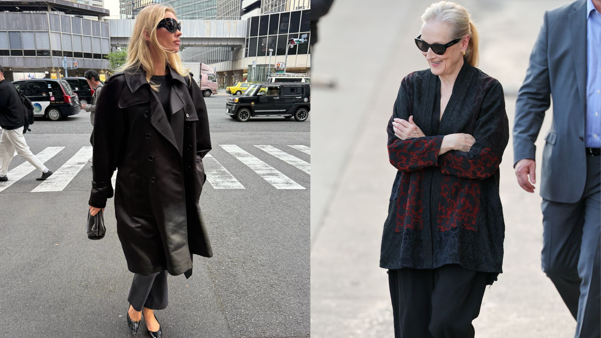 Elsa Hosk and Meryl Streep wear cropped trousers with pointed toe leggings and loafers.