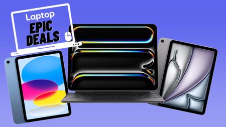 Blue iPad 11 A16, Space Gray M4 iPad Pro with Apple Magic Keyboard, and Space Gray M3 iPad Air against a blue gradient background.