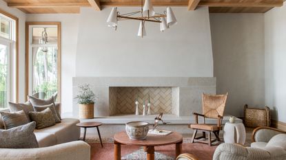 Colors that complement terracotta: Gray living room with terracotta floor