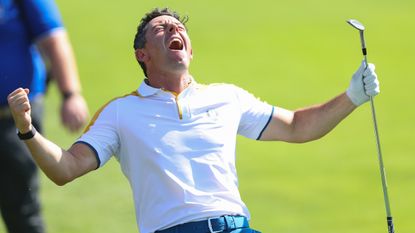 Rory McIlroy celebrates during a Ryder Cup practice session at Marco Simone 