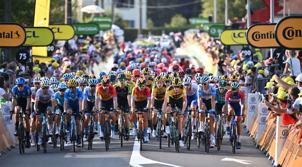Riders in the pack cross the finish line at the end of the 19th stage of the 107th edition of the Tour de France cycling race 160 km between BourgenBresse and Champagnole on September 18 2020 Photo by Marco BERTORELLO POOL AFP Photo by MARCO BERTORELLOPOOLAFP via Getty Images