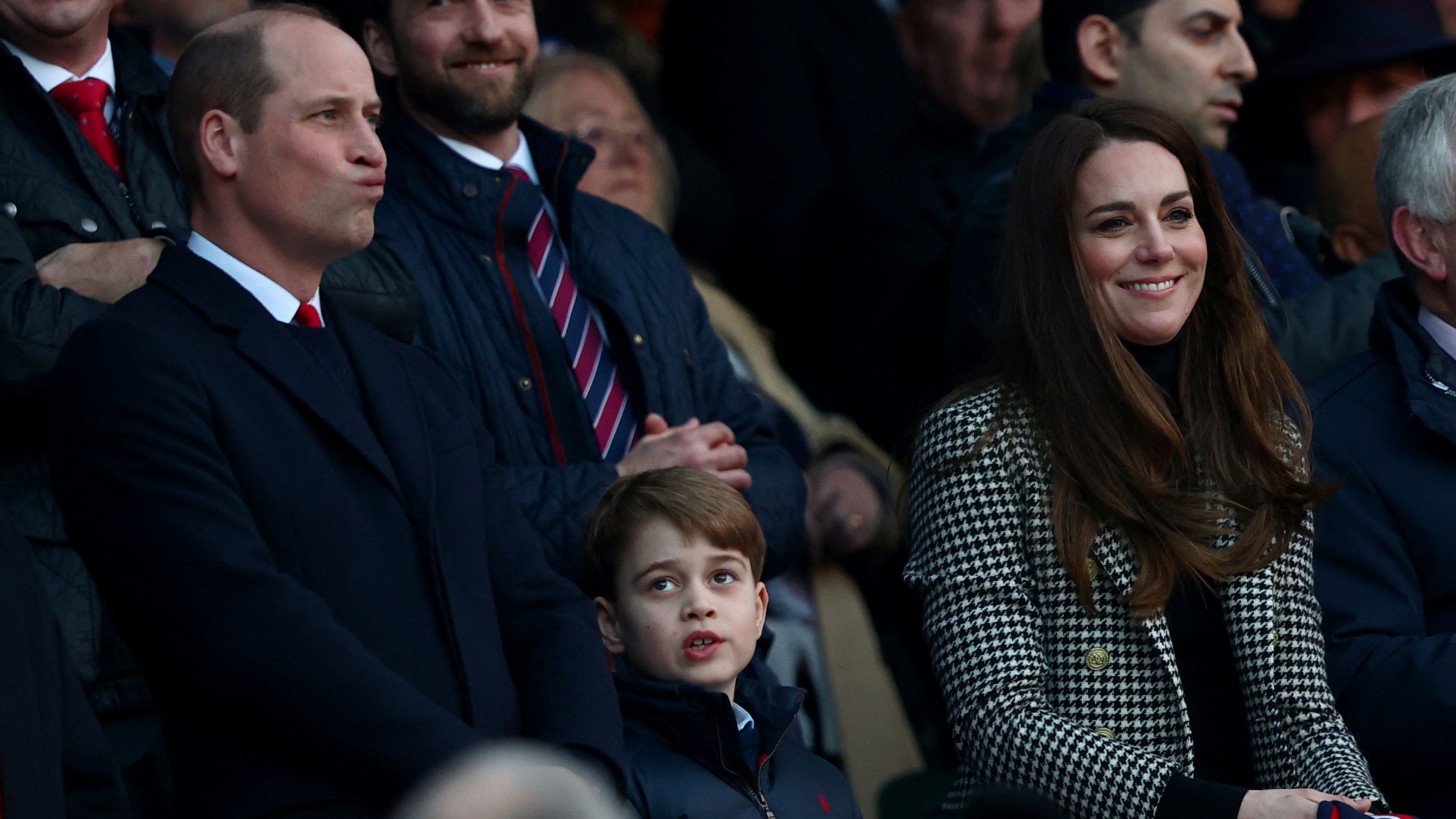 Prince William, Kate and George attend the Six Nations international rugby union match between England and Wales at Twickenham Stadium