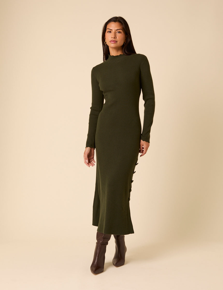 Green Ribbed Long Sleeve Midi Dress