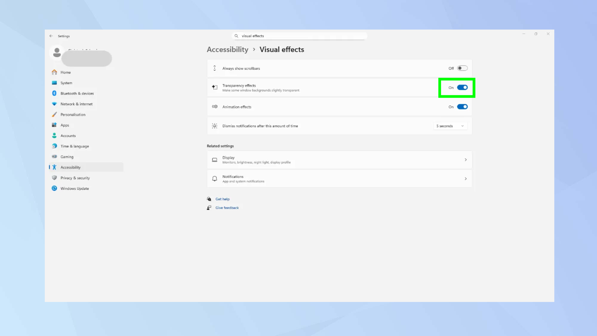 Disable transparency effects Windows 11 