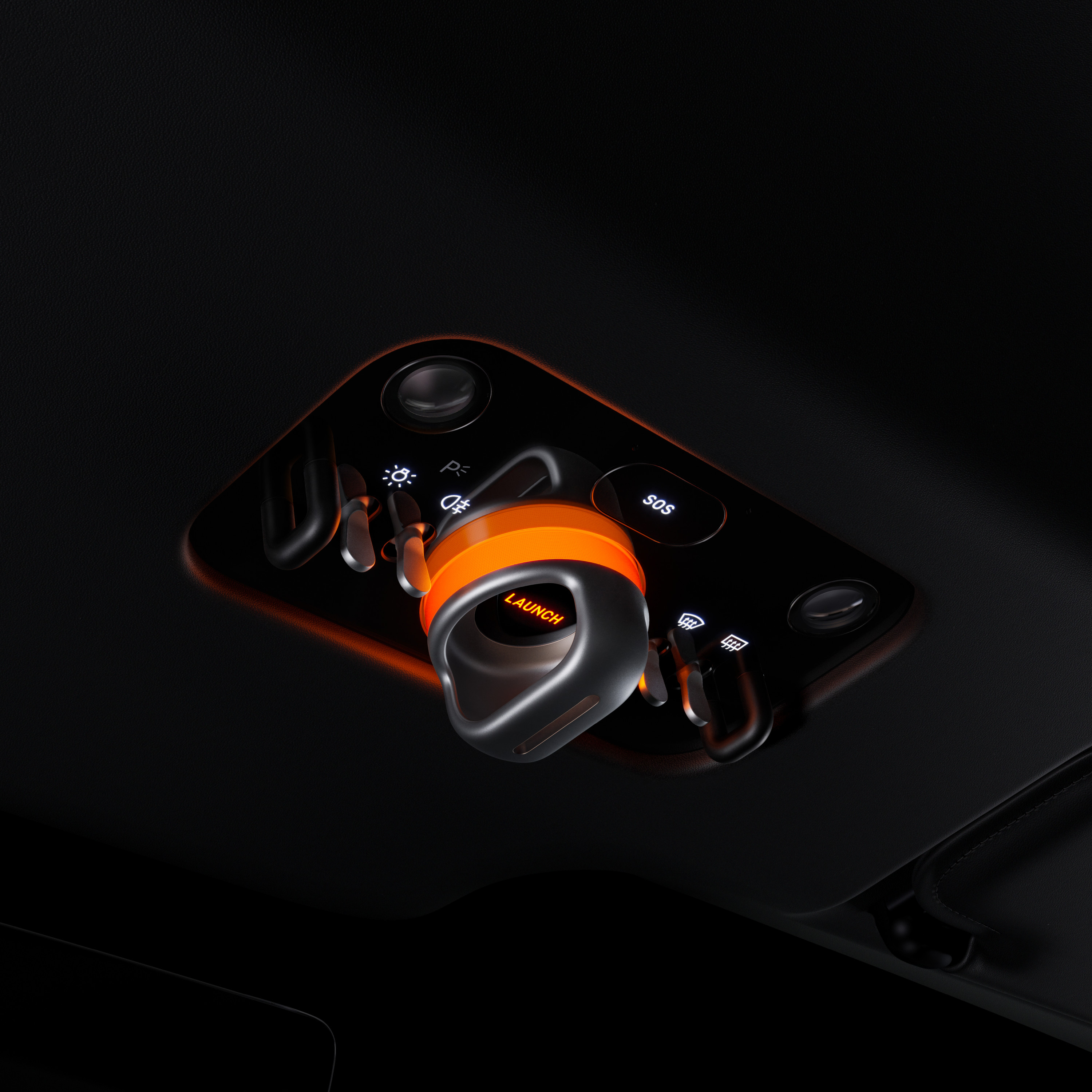 The overhead console houses the aviation-inspired launch control switch