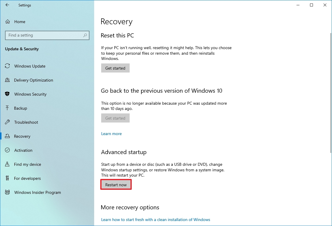 Windows 10 Recovery Settings Advanced Startup