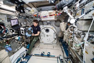 NASA astronaut Anne McClain performs the first series of tests of the Astrobee Bumble on board the International Space Station.