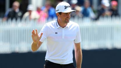 Keegan Bradley of the United States reacts on the 18th green during the first round of the 2023 PGA Championship at Oak Hill Country Club on May 18, 2023 in Rochester, New York. 