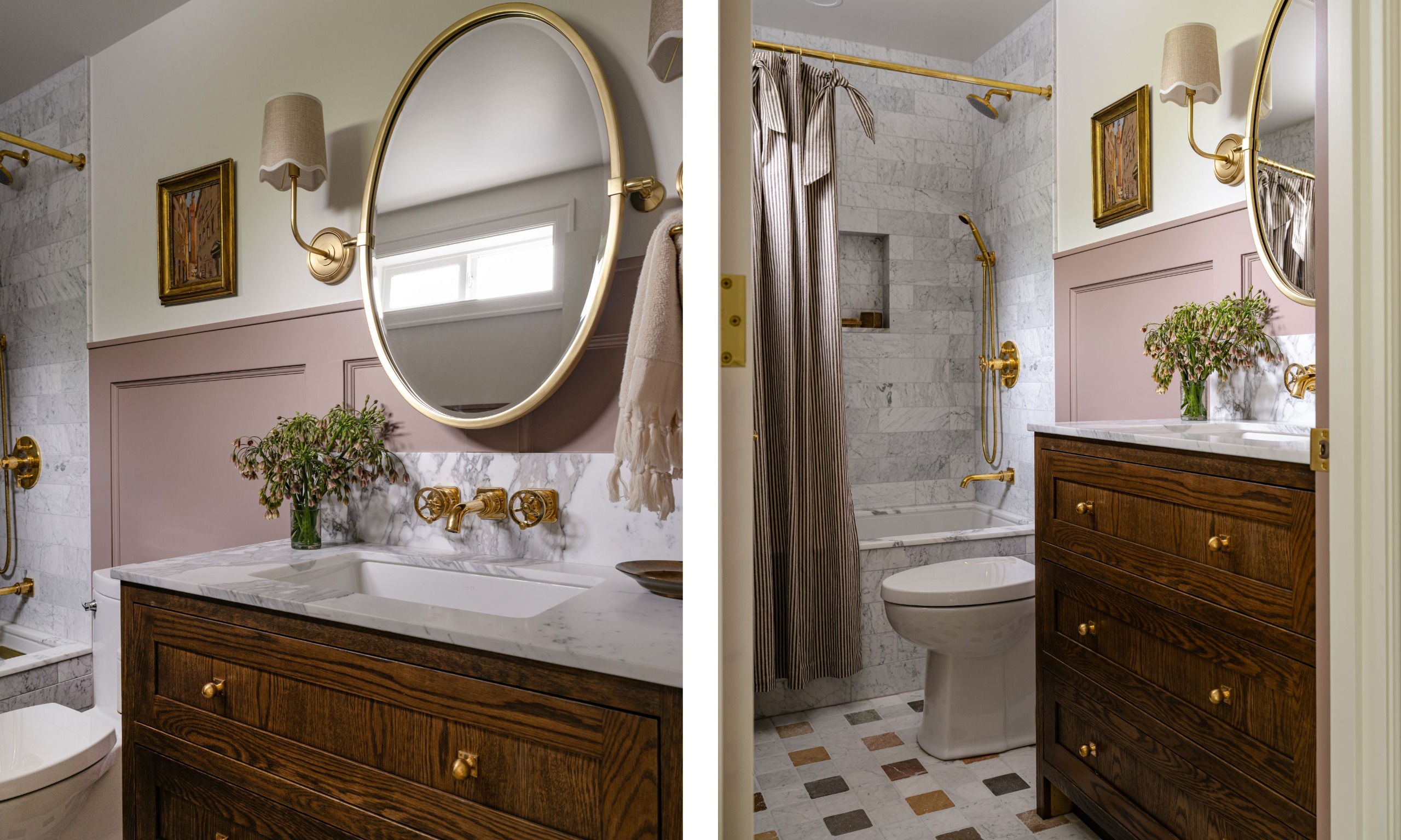 A small kids' bathroom with earthy pink wall paneling, warm white upper walls, and a shower over the bath with light gray tiles, and a striped shower curtain. Square multi-colored floor tiles, a dark wood sink vanity with a marble countertop.