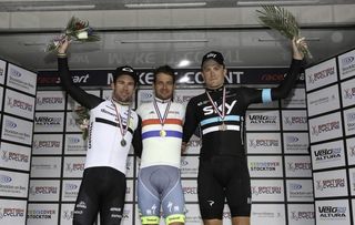 The men's 2016 podium of Mark Cavendish, Adam Blythe and Andy Fenn