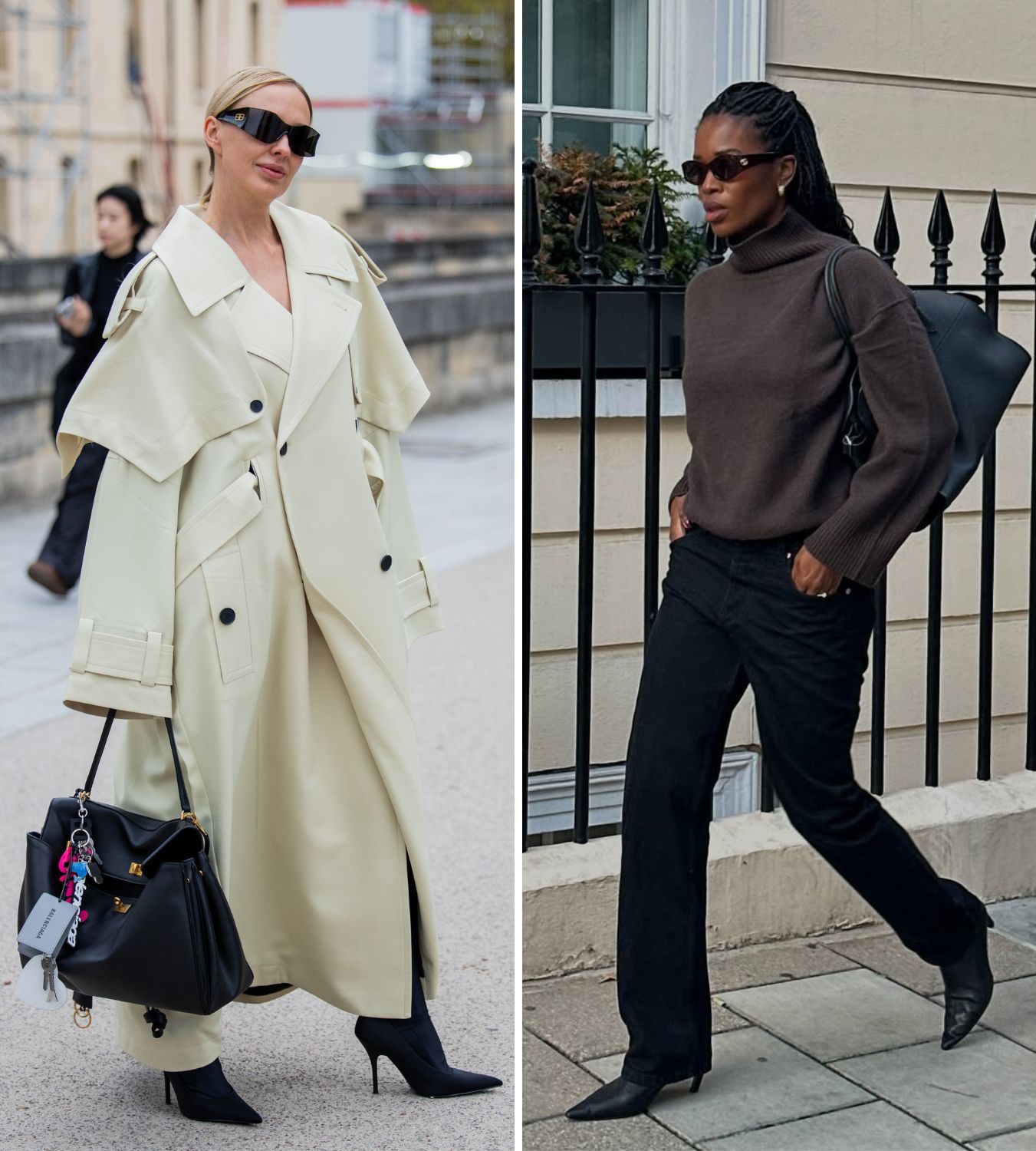 two women wearing black pointy boots