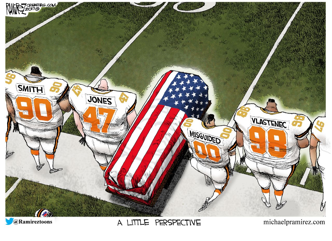 Political cartoon U.S. NFL kneeling veterans